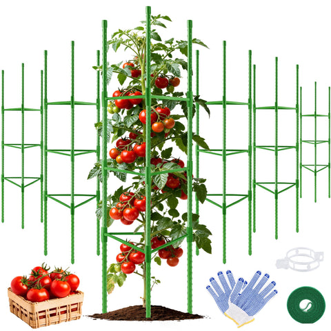 WAENLIR tomato cage with 72 stakes provides sturdy frame for tall plants.