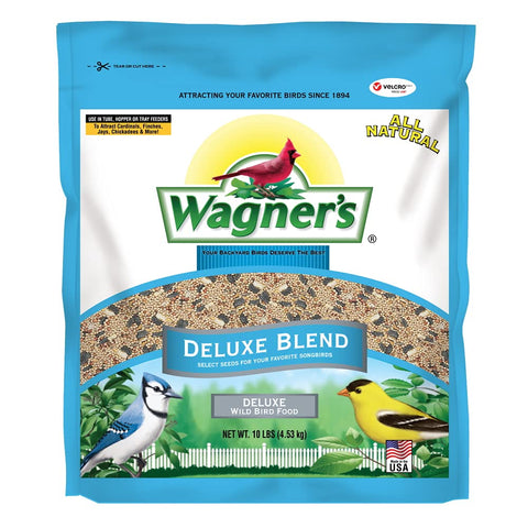 Wagner's 13008 Deluxe Wild Bird Food bag ready for backyard feeding.