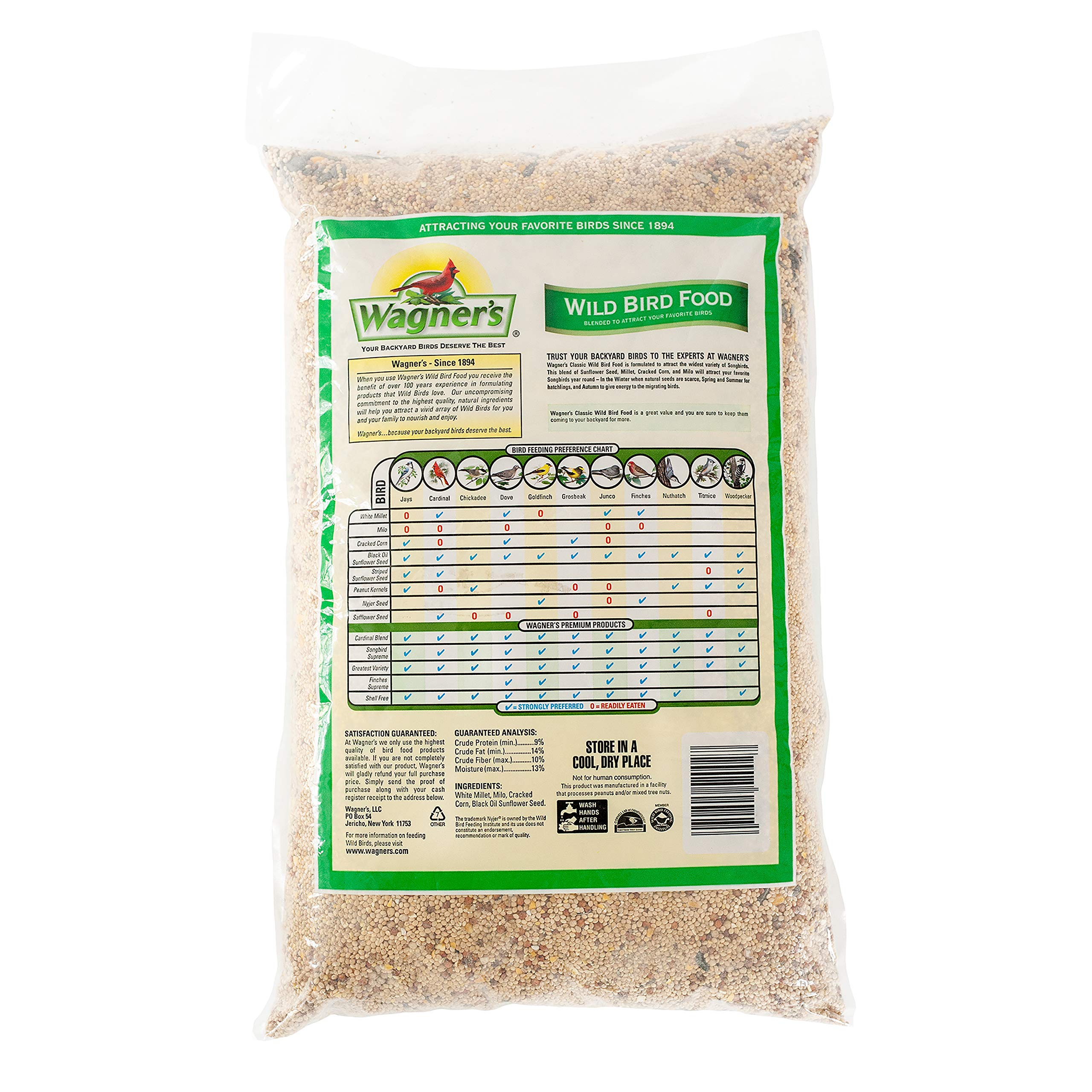 Ingredients include millet, milo, cracked corn and sunflower seeds for variety.