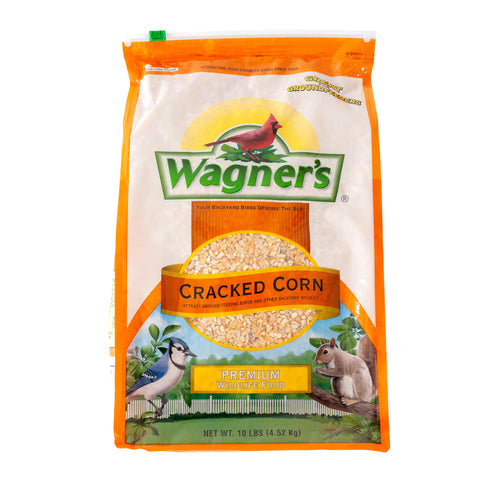 Wagner's cracked corn wild bird food bag front attracts backyard birds