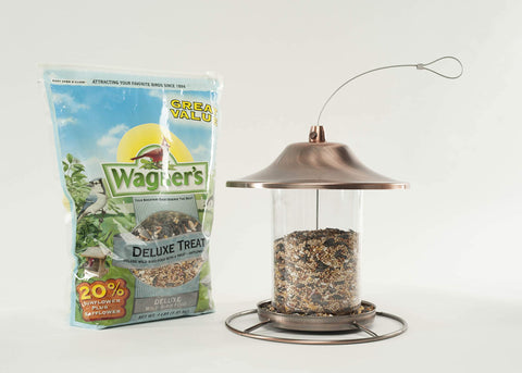 Wagner's Deluxe Treat Blend backyard birds arriving scene illustrates potential for more visitors.