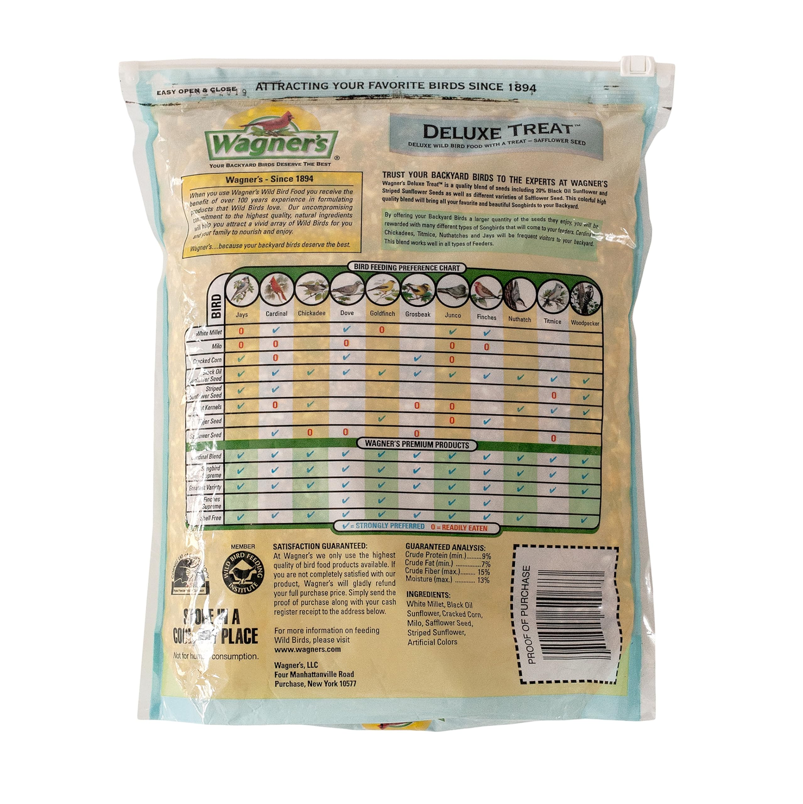 Wagner's Deluxe Treat Blend seed mix closeup shows premium grains for backyard birds.