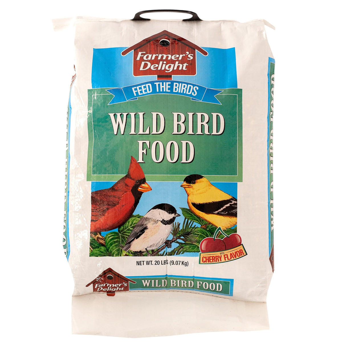 Wagner's Farmer's Delight cherry-flavor bird food in a 20-lb bag attracts diverse backyard birds.