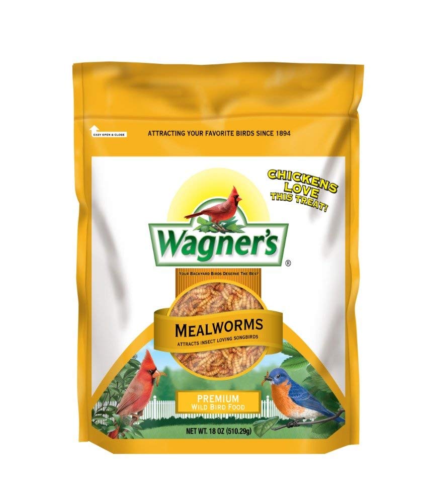 Wagner's mealworms 18oz bag front, protein-rich bird snack.