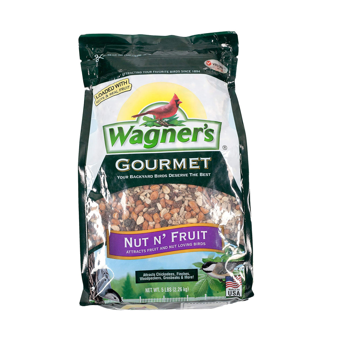 Wagner's Nut 'N Fruit Gourmet wild bird food 5lb pack promotes year-round backyard feeding.