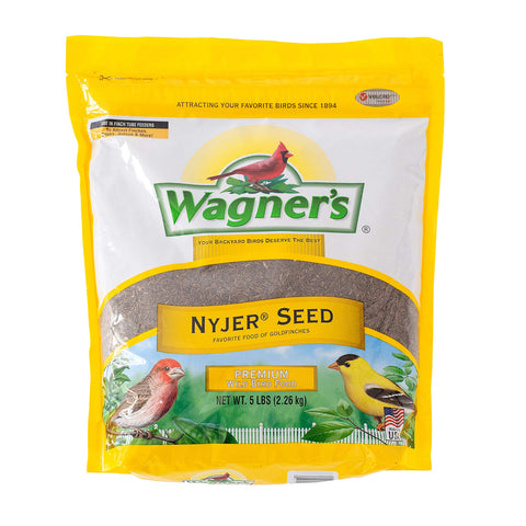 Wagner's Nyjer Seed 5lb bag close-up of tiny high-fat seeds for finches.