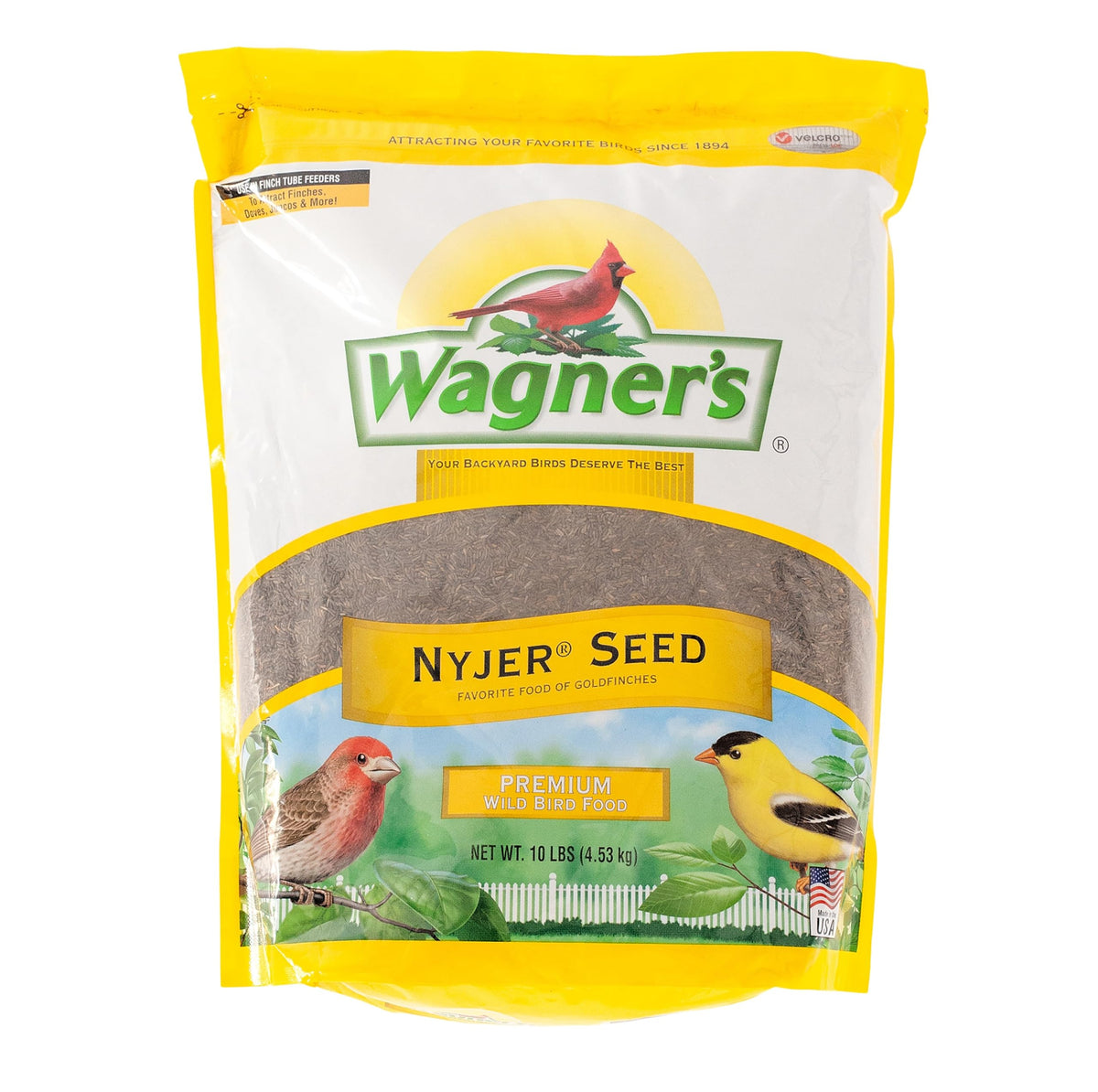 Wagner's Nyjer Seed in a 10 lb bag attracts goldfinches and other finches.