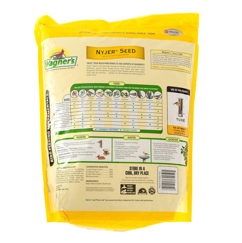 Wagner's Nyjer Seed near a feeder with goldfinches perched and feeding.