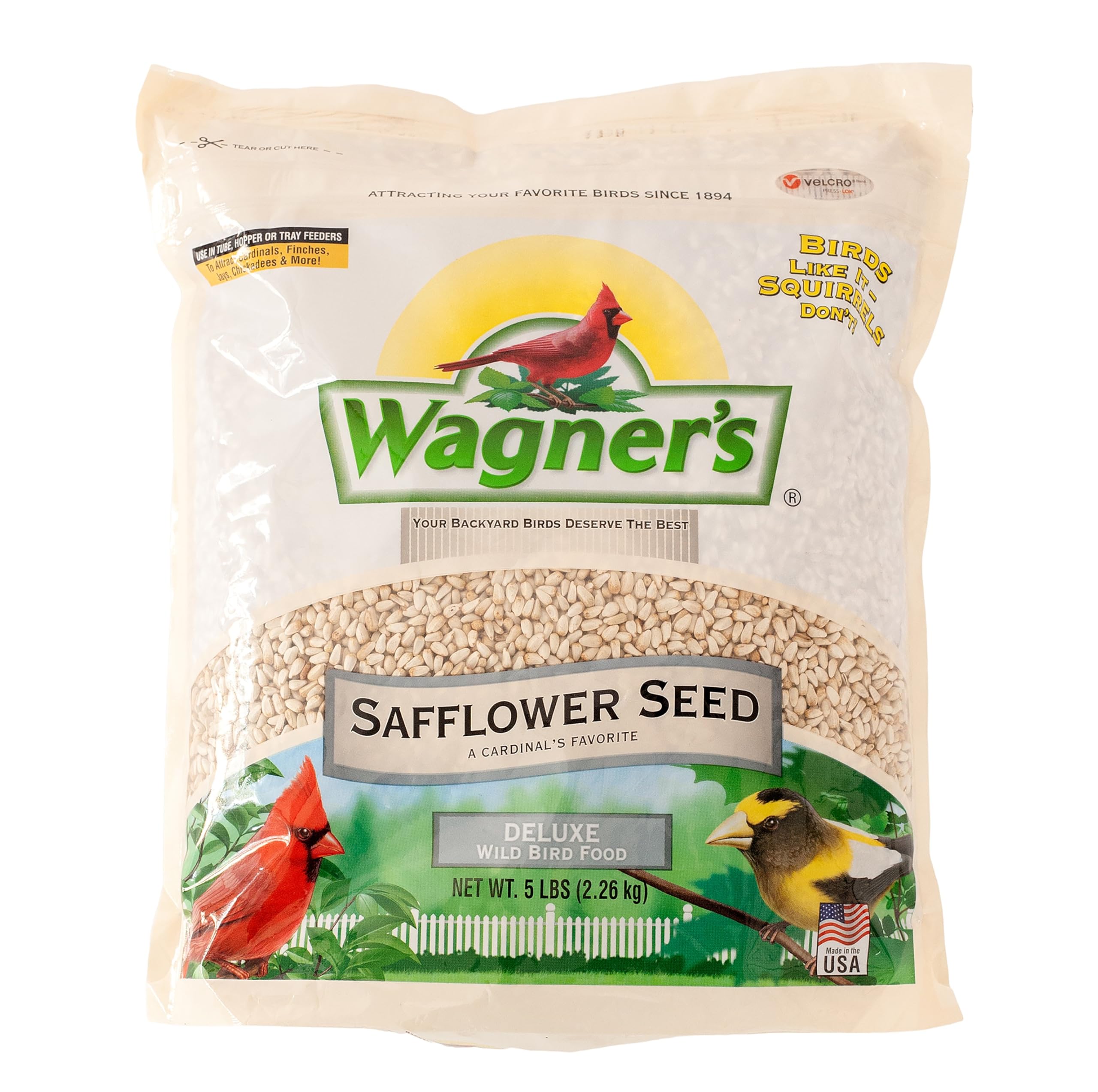 Wagner's safflower seed bag label showcasing premium USA-sourced grains
