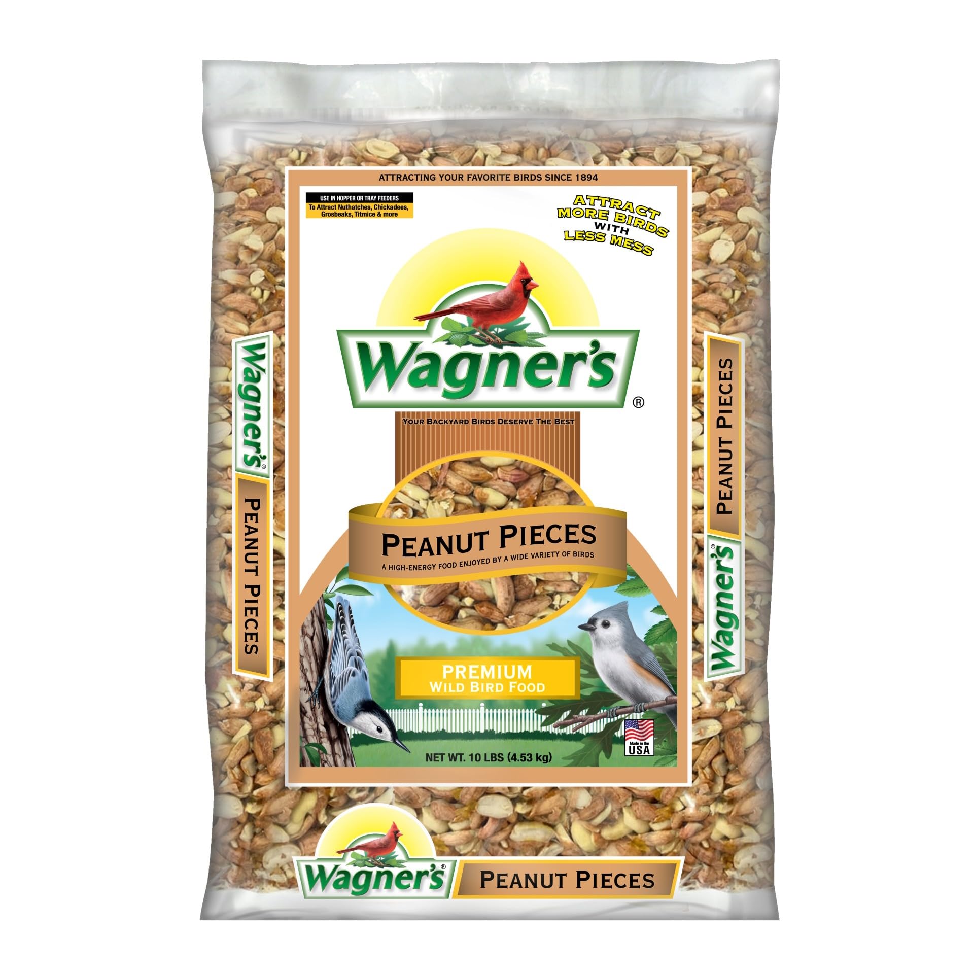 Wagner’s Shelled Peanut Pieces packaging highlighting no-waste feeding for cleaner backyard meals.