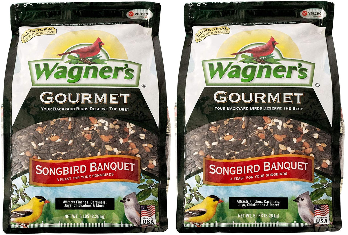 Wagner's Songbird Banquet 5lb bag two-pack at a feeder for year-round feeding.