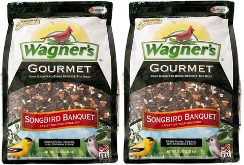 Wagner's Songbird Banquet 5lb bag two-pack at a feeder for year-round feeding.