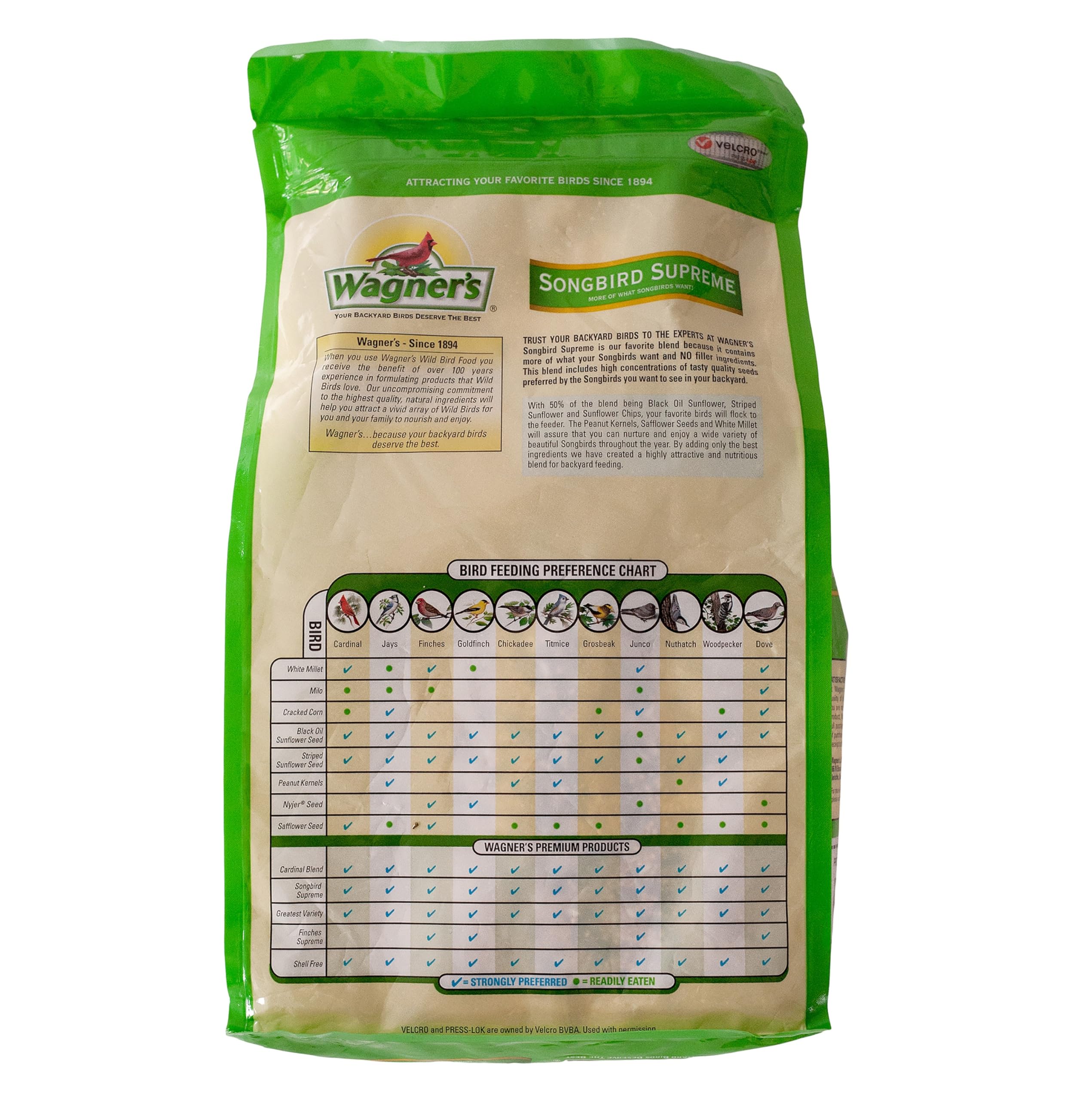 Wagner's Songbird Supreme sunflower seeds highlight premium ingredients that entice songbirds.