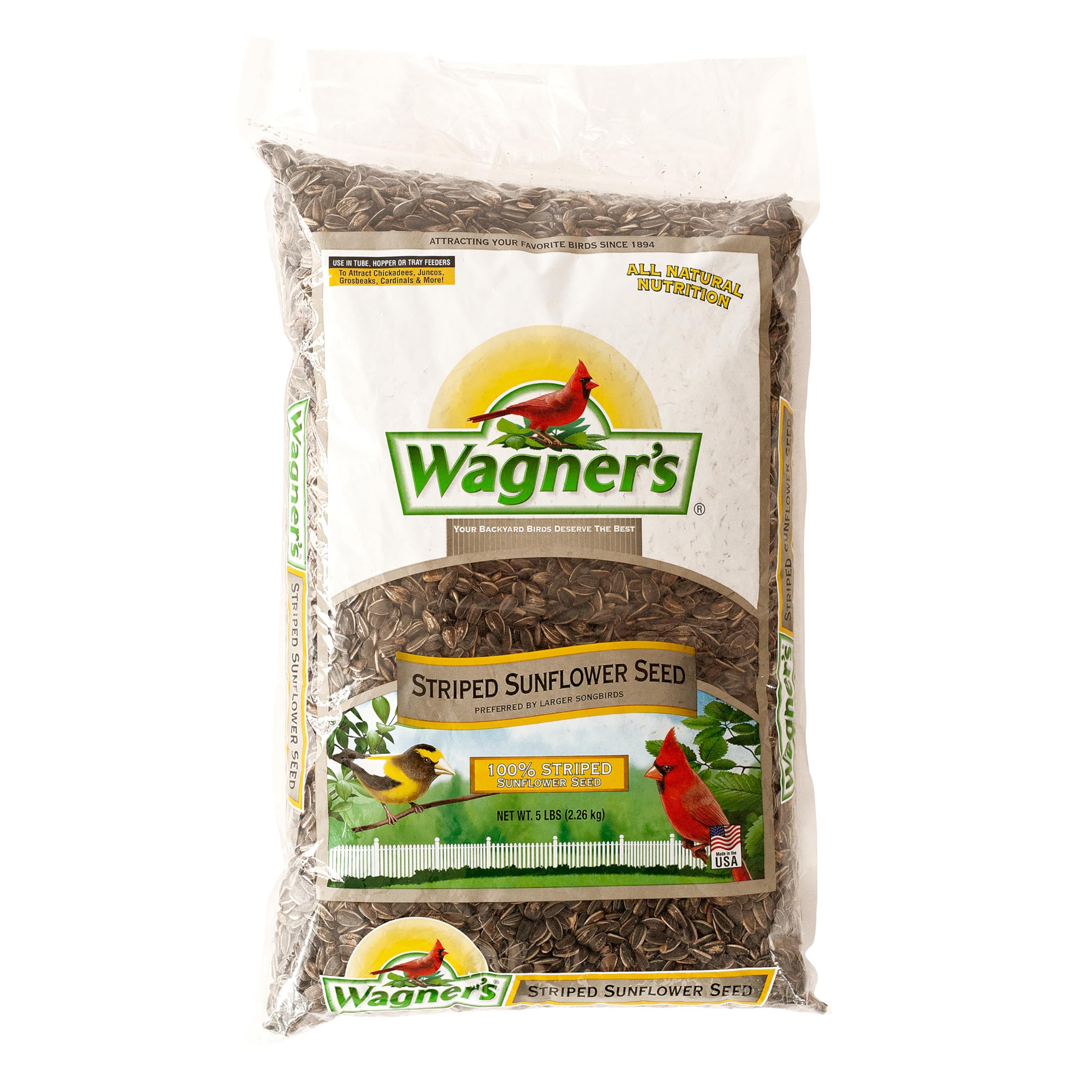 Wagner's striped sunflower seed bag ready for the feeder, attracting larger songbirds.