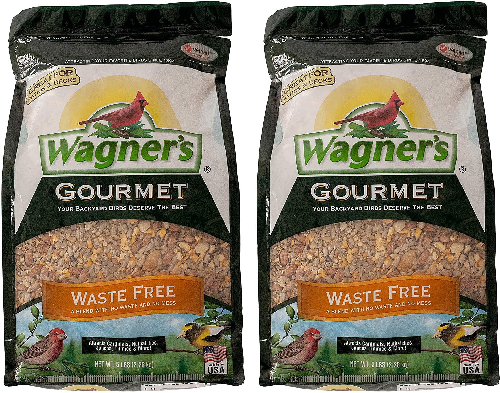 Wagner's 22056 Waste Free Gourmet blend packaging shows a 5 lb bag for easy backyard feeding