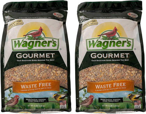 Wagner's 22056 Waste Free Gourmet blend packaging shows a 5 lb bag for easy backyard feeding
