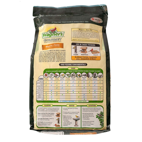 Wagner's Waste Free Gourmet no-shell waste blend keeps decks clean while feeding songbirds.