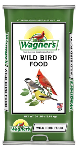Wagner's Wild Bird Food 30lb bag, designed to attract a variety of backyard songbirds year-round.