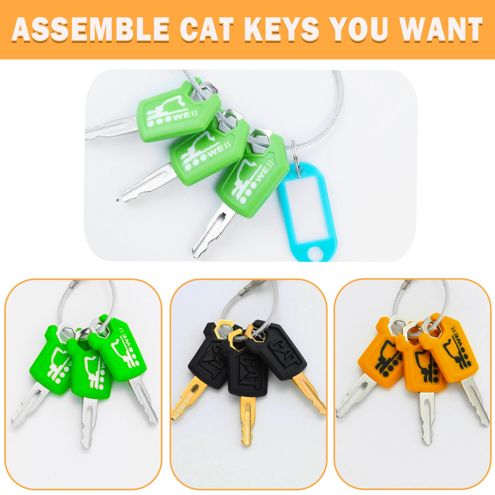 Package includes nine CAT keys, four keyrings, and three color tags
