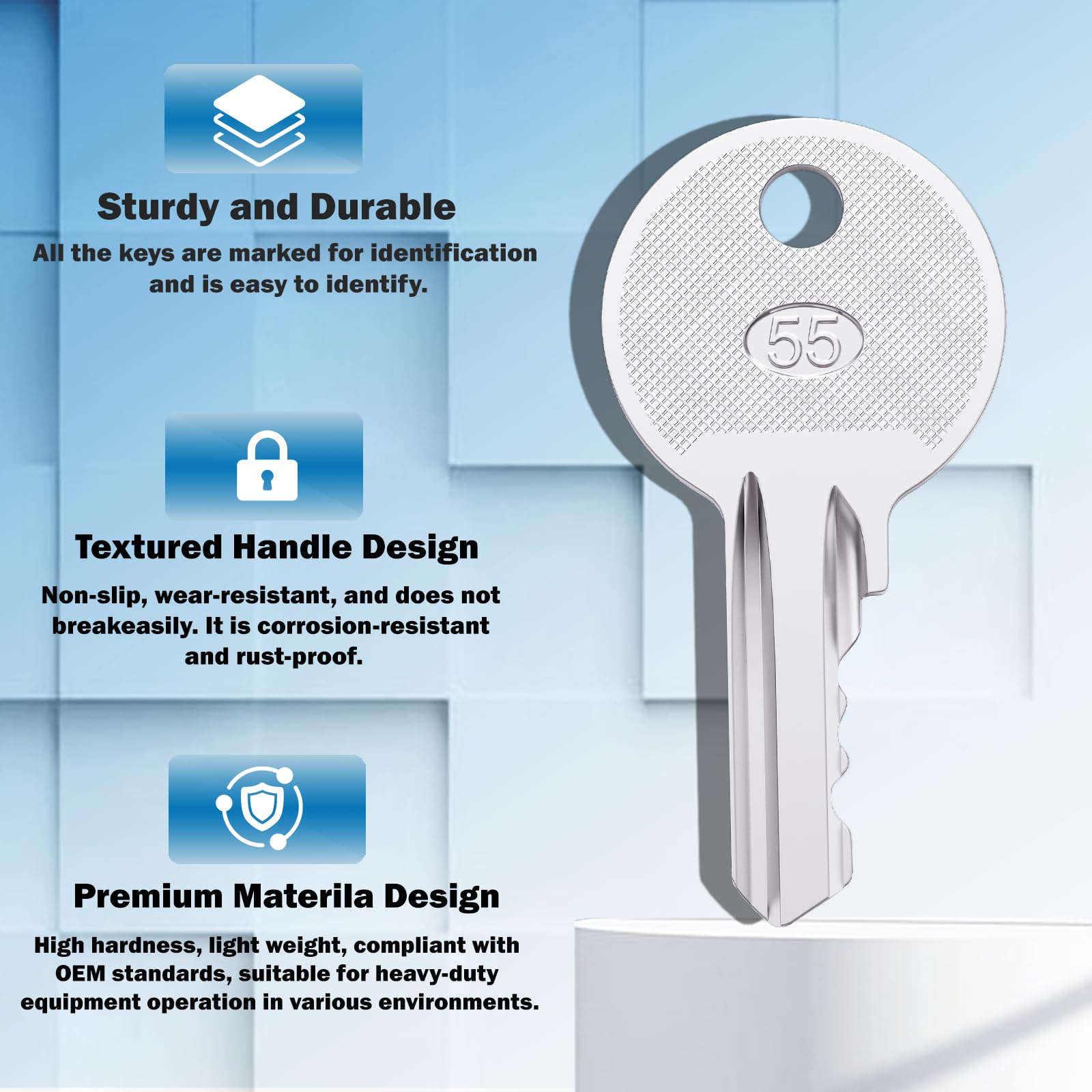 Genie 455 key designed to resist heat and bending in tough job sites.