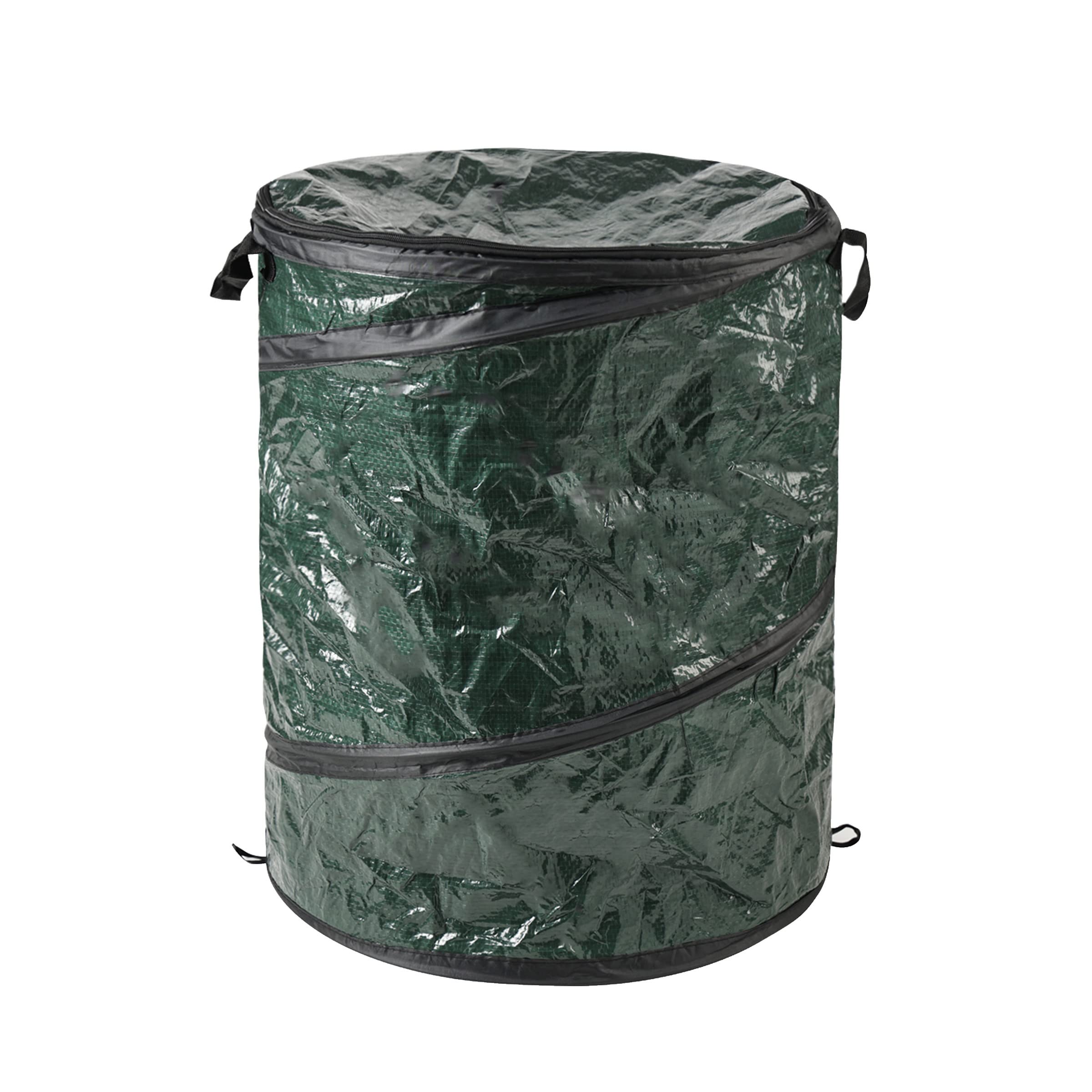 Wakeman 29.5-gallon pop-up trash can in camping setup showing its large capacity.