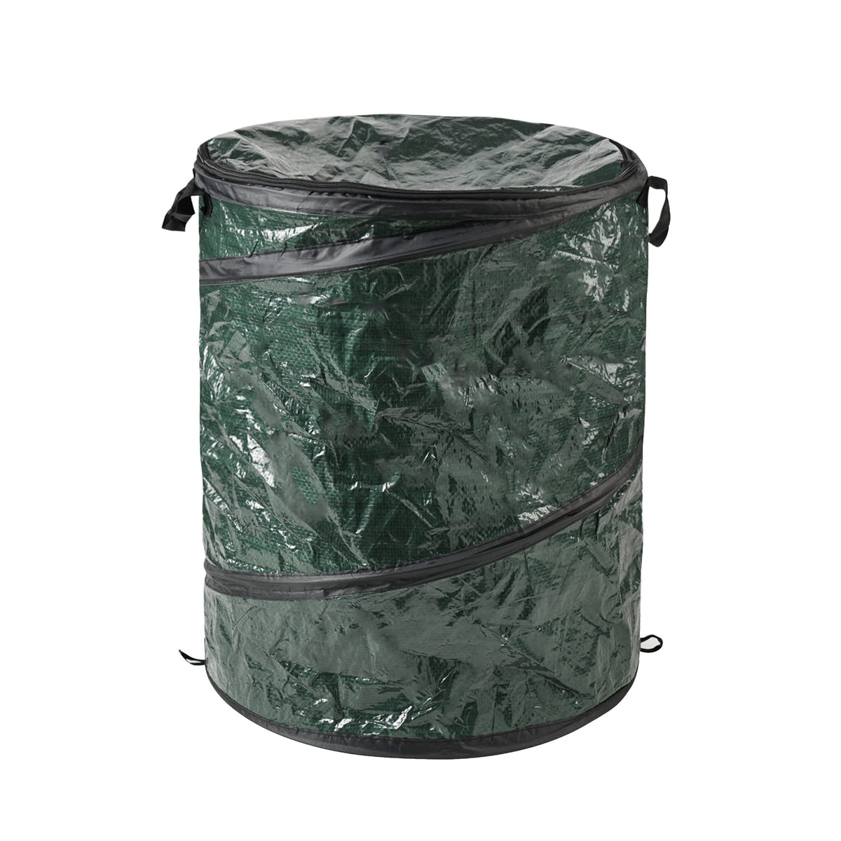 Wakeman 29.5-gallon pop-up trash can in camping setup showing its large capacity.