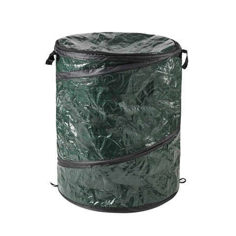 Wakeman 29.5-gallon pop-up trash can in camping setup showing its large capacity.