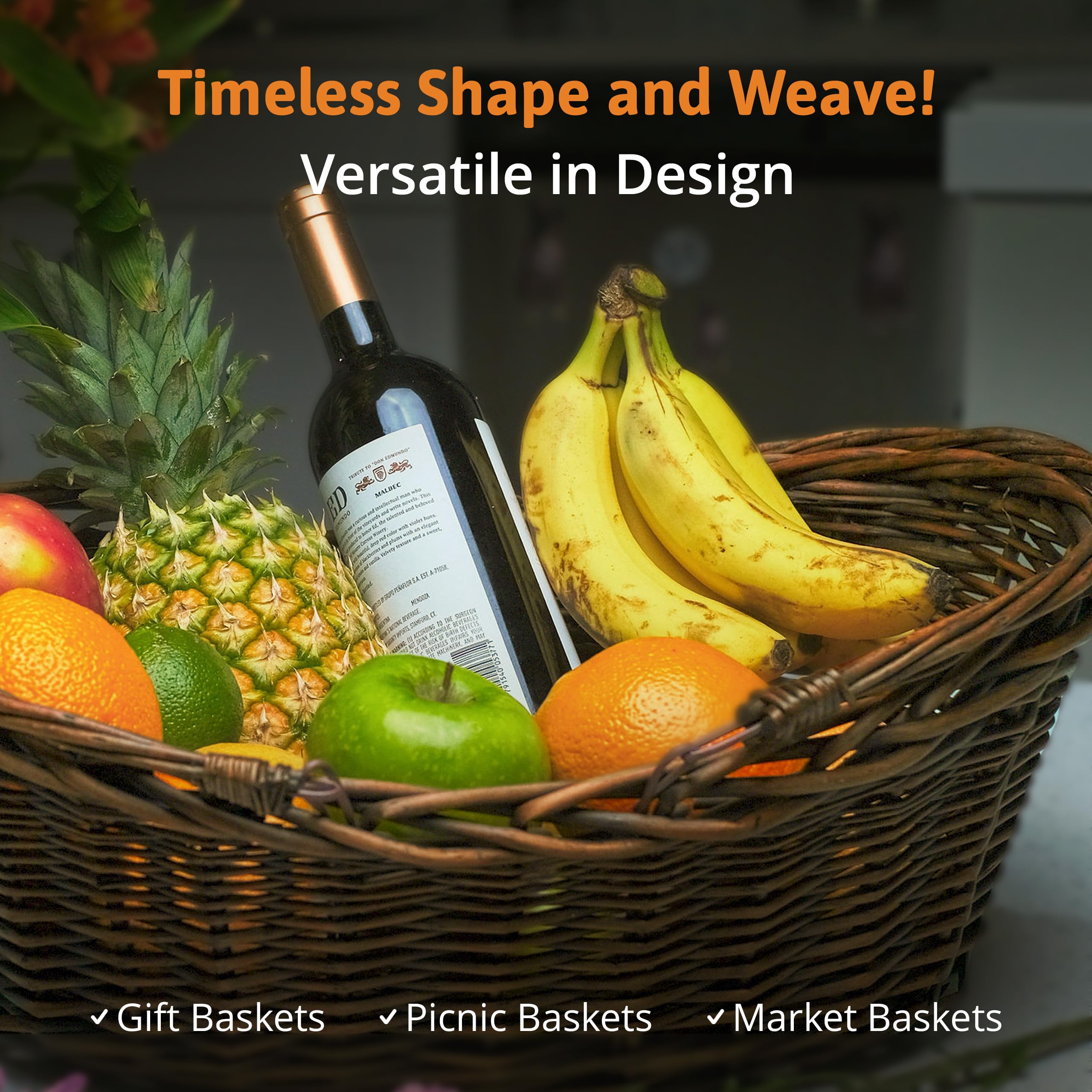 Wald Imports hand-woven basket with folding handles, easy to carry on outings.
