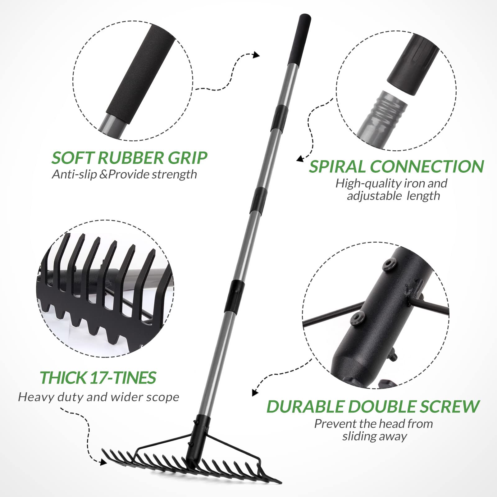 Walensee 17-tine head provides deeper soil penetration and efficient leveling.
