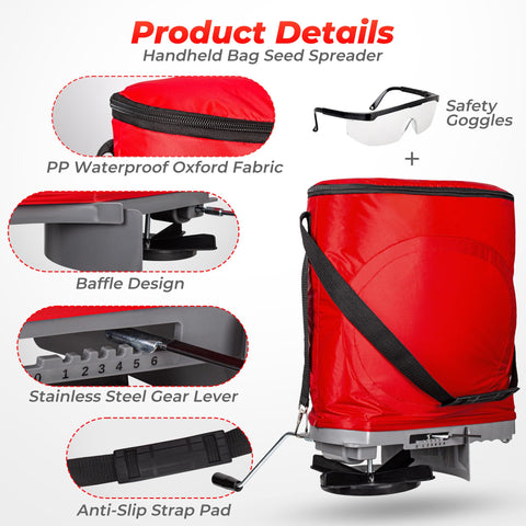 Walensee seed spreader includes 25lb weatherproof bag to keep seeds dry.