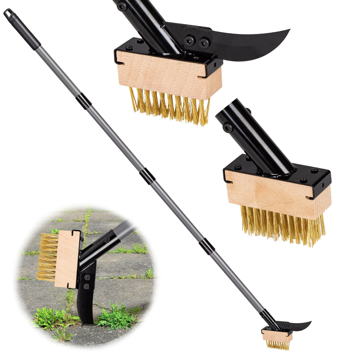 Walensee crack weeder setup with adjustable handle and dual heads for crack cleaning.