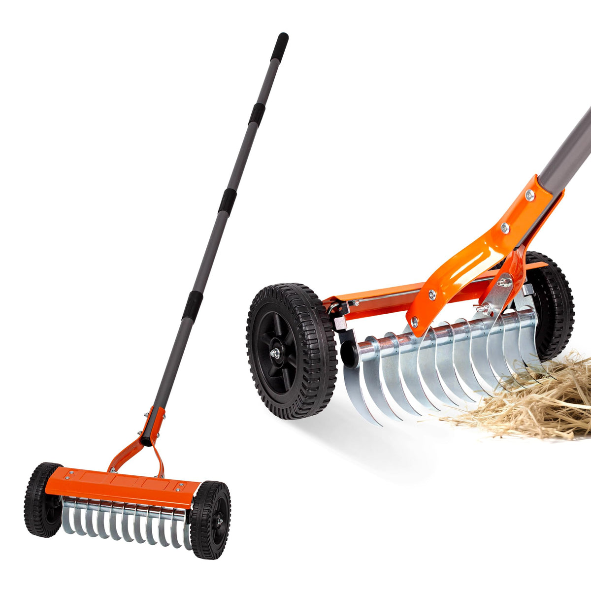Walensee dethatching roller rake with wheels eases lawn cleanup.