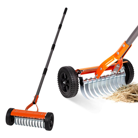 Walensee dethatching roller rake with wheels eases lawn cleanup.