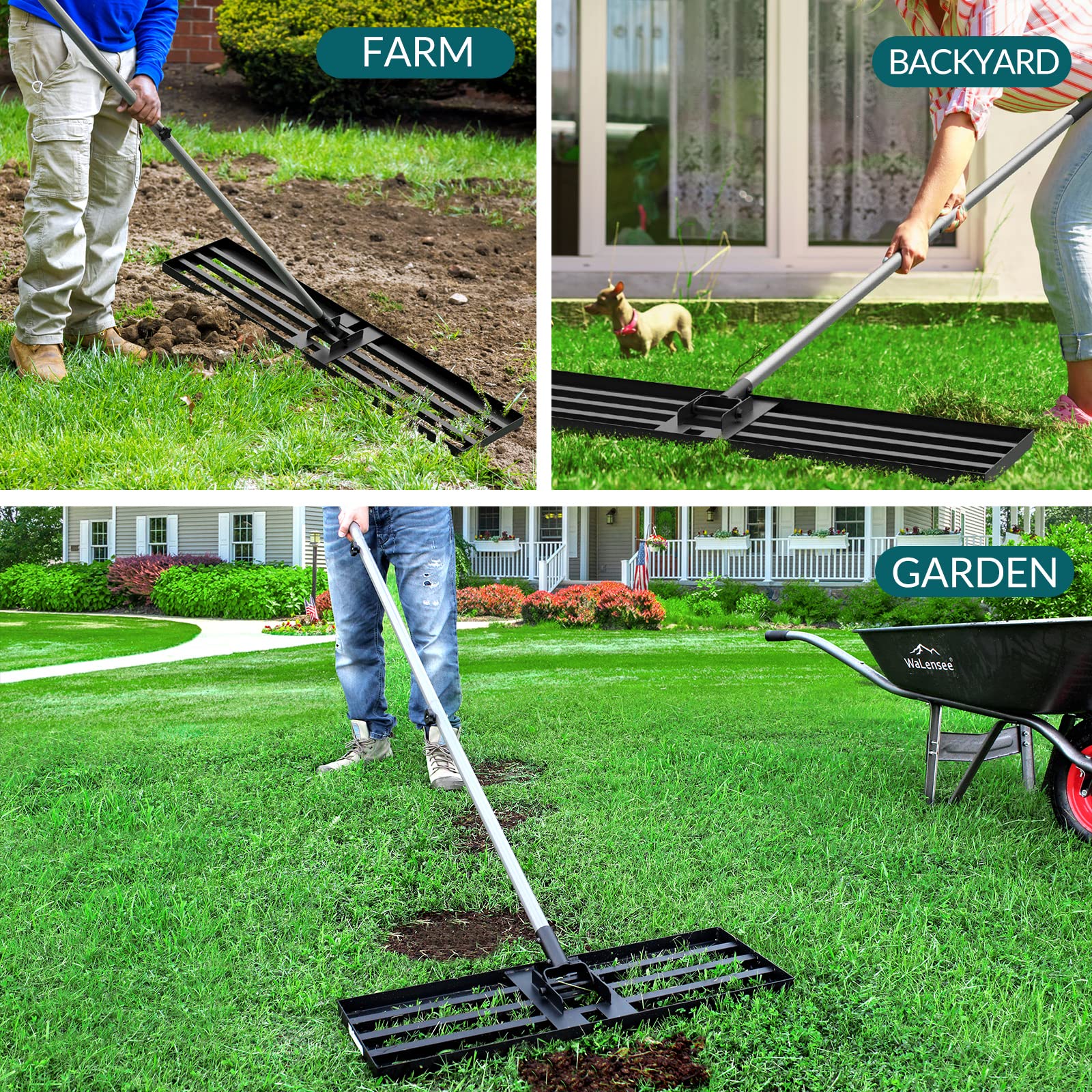 Walensee Rake on grass demonstrates even material distribution for smooth seedbed prep.