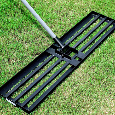 Walensee Lawn Leveling Rake side view shows durable steel construction for efficient yard leveling.