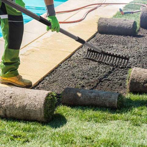 Walensee bow rake gathers leaves and debris for easier cleanup.