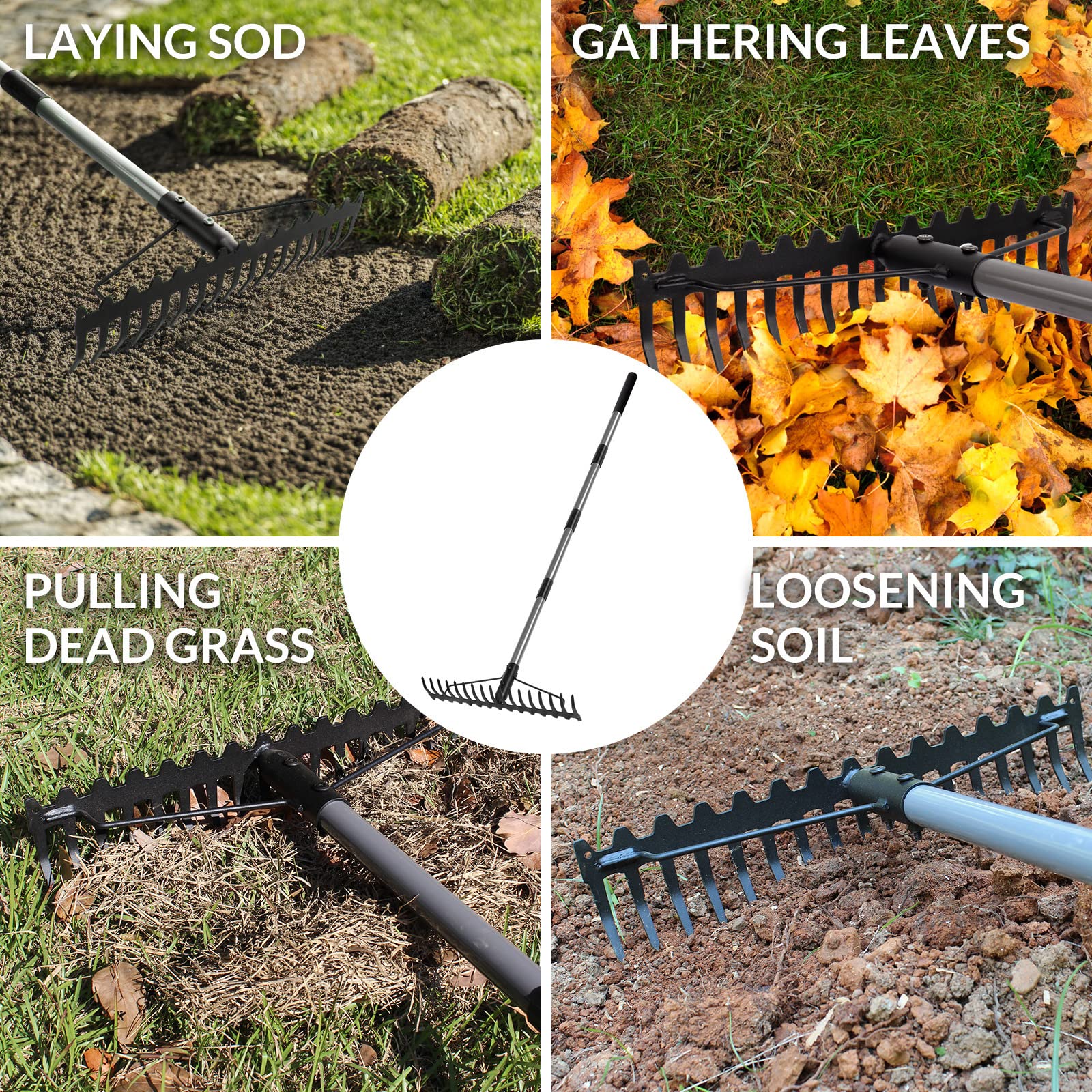 Walensee rake spreads mulch evenly across garden beds.