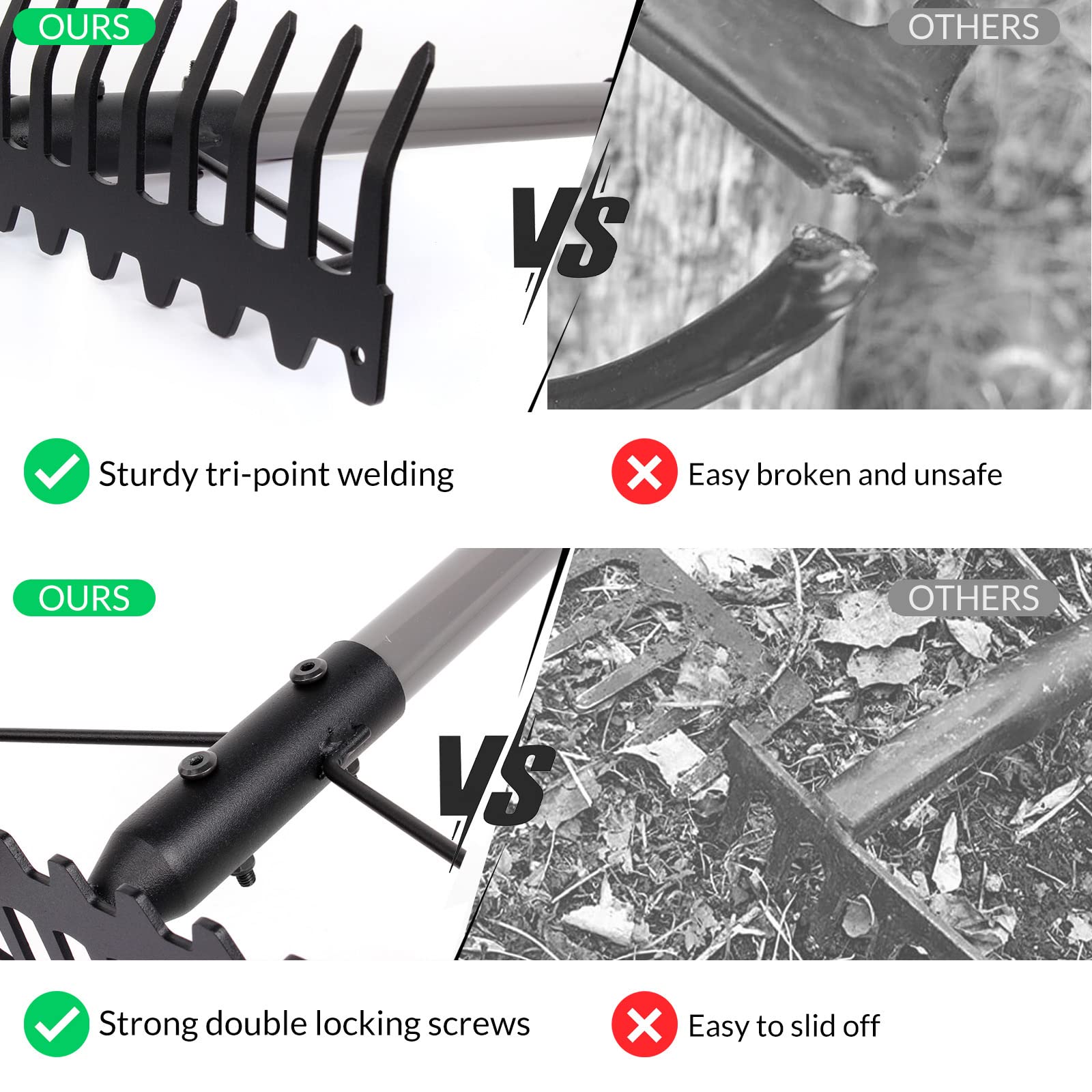 Walensee stainless steel head resists rust and heavy-duty raking.