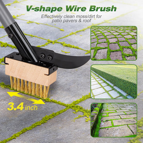 Walensee v-shaped brush digs into deep cracks for weed removal.