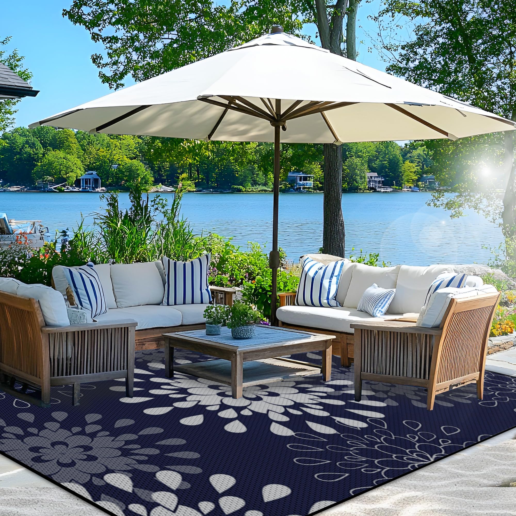 Wallona 5x8 outdoor rug in blue and white for patios and RVs.