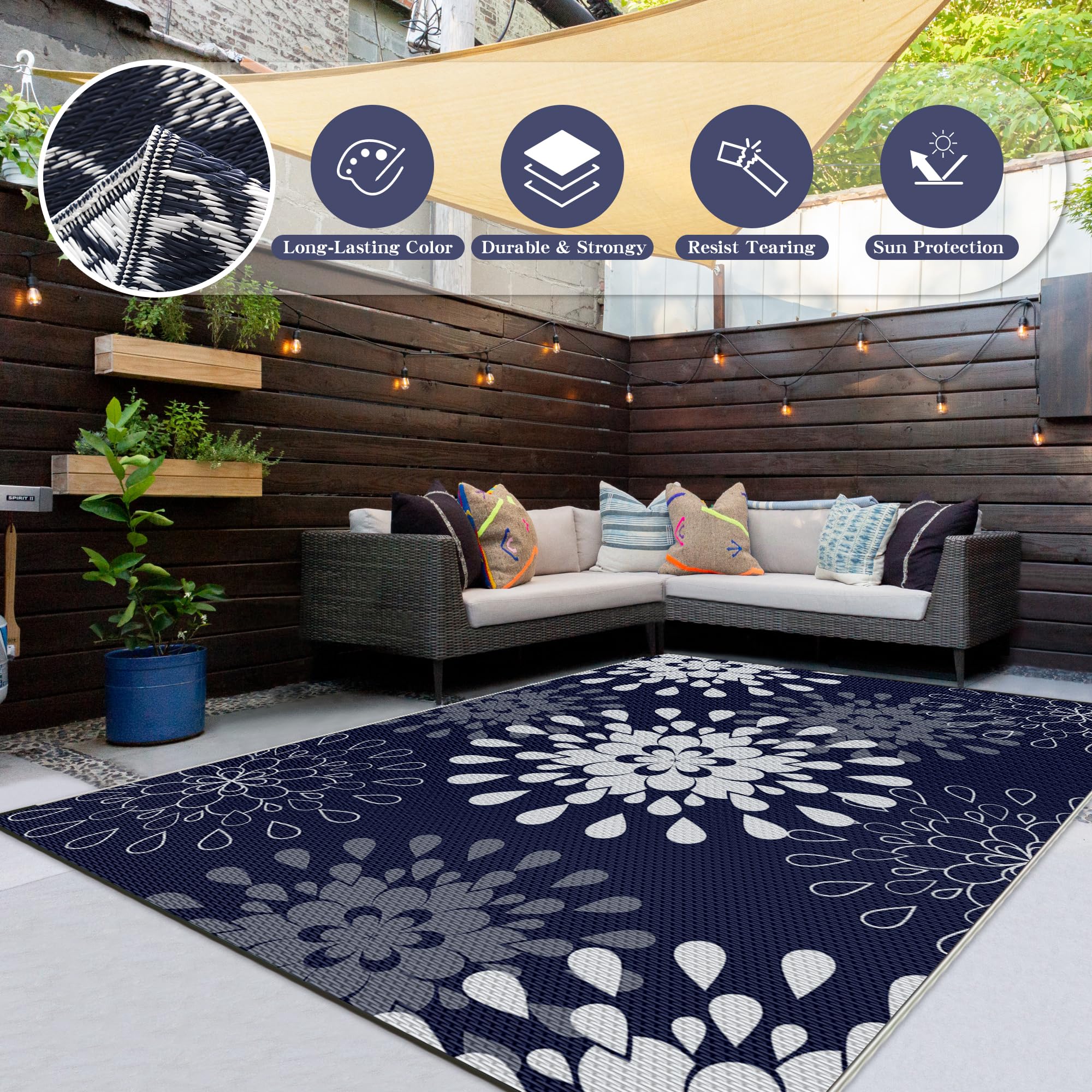 Wallona easy-clean, quick-drying rug simplifies outdoor maintenance after use.