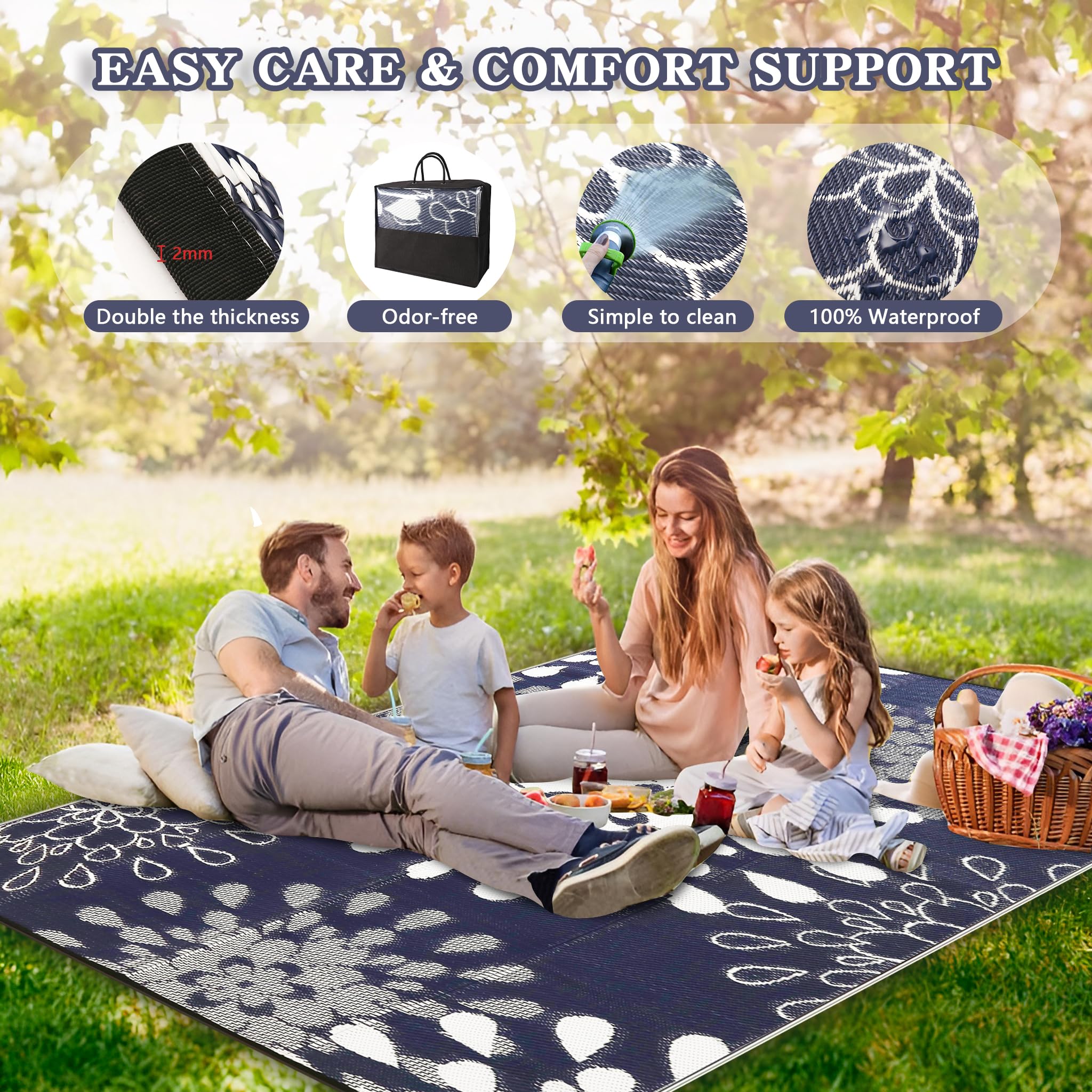 Wallona rug with carry bag, foldable and portable for camping trips.