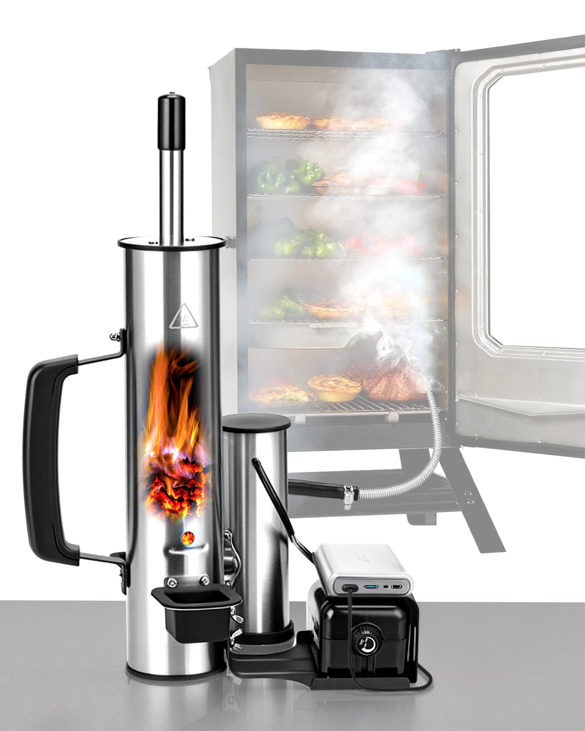 Walpreson cold smoke generator front view; compact stainless design for grills.