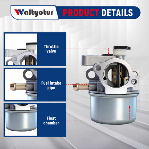 Waltyotur carburetor side view demonstrates compatibility with Briggs Stratton models 124L02 and 126M02