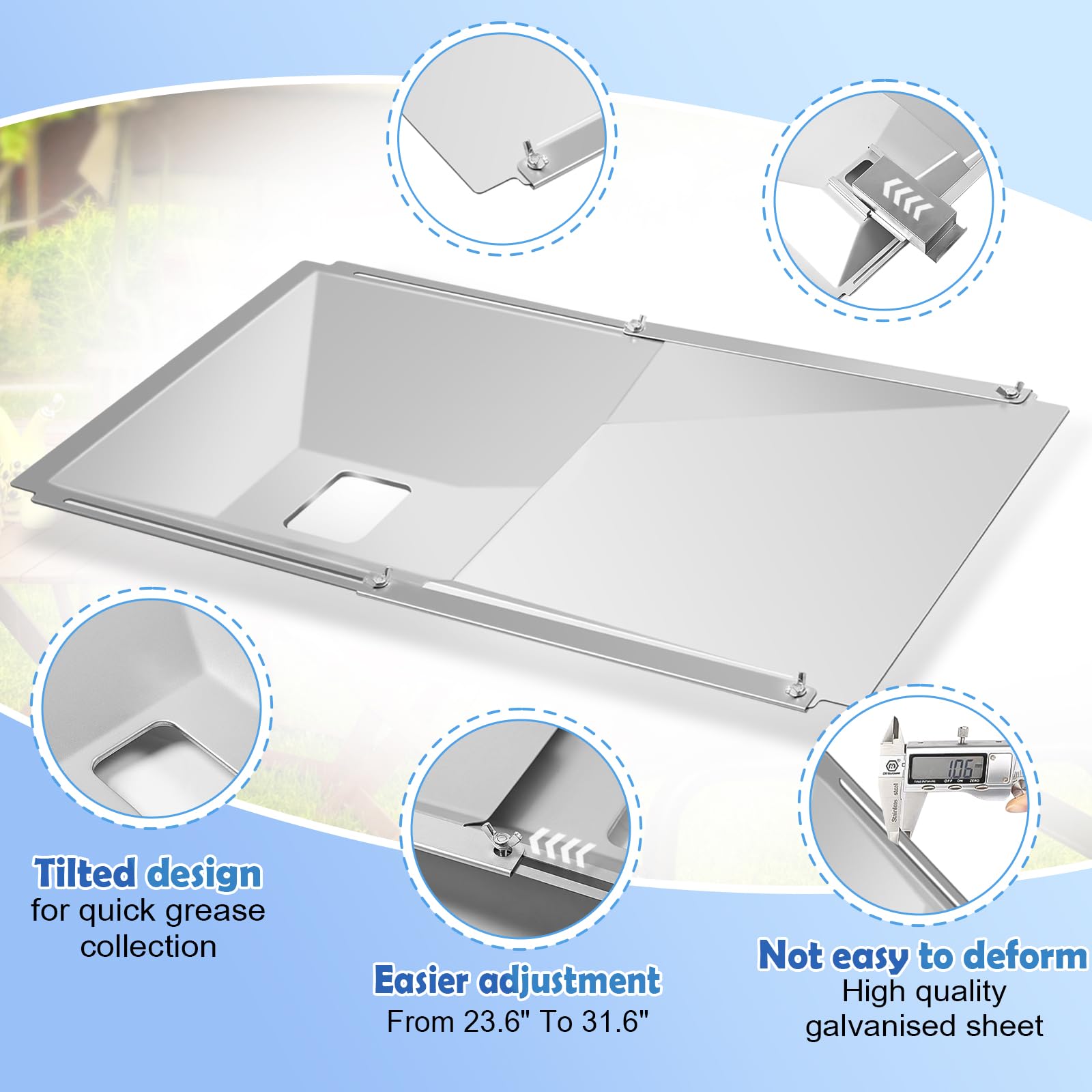 Wanchao adjustable-length grease tray extended to fit grill