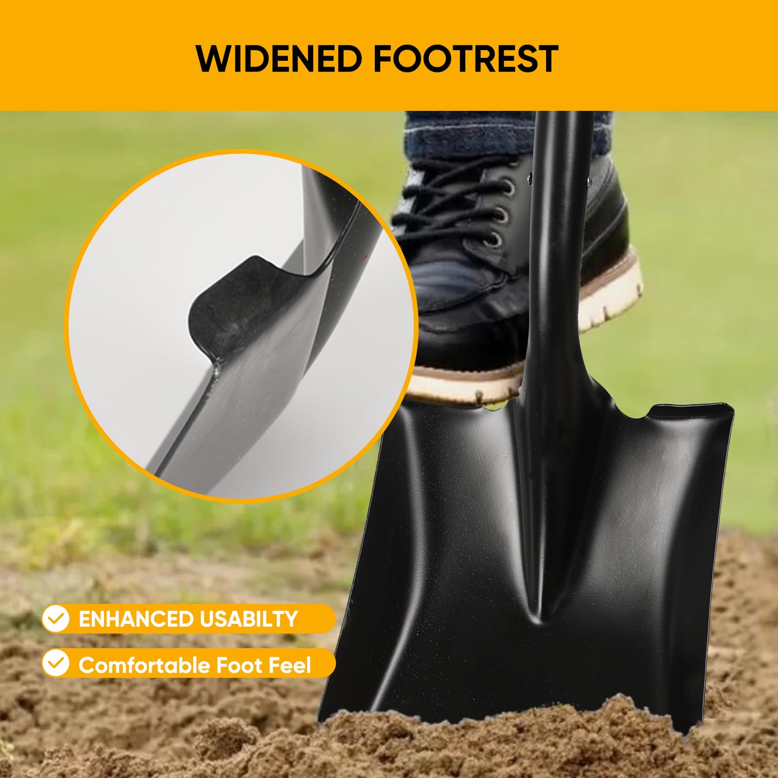 Wangyanhao flat shovel with orange grip increases visibility in the garden.