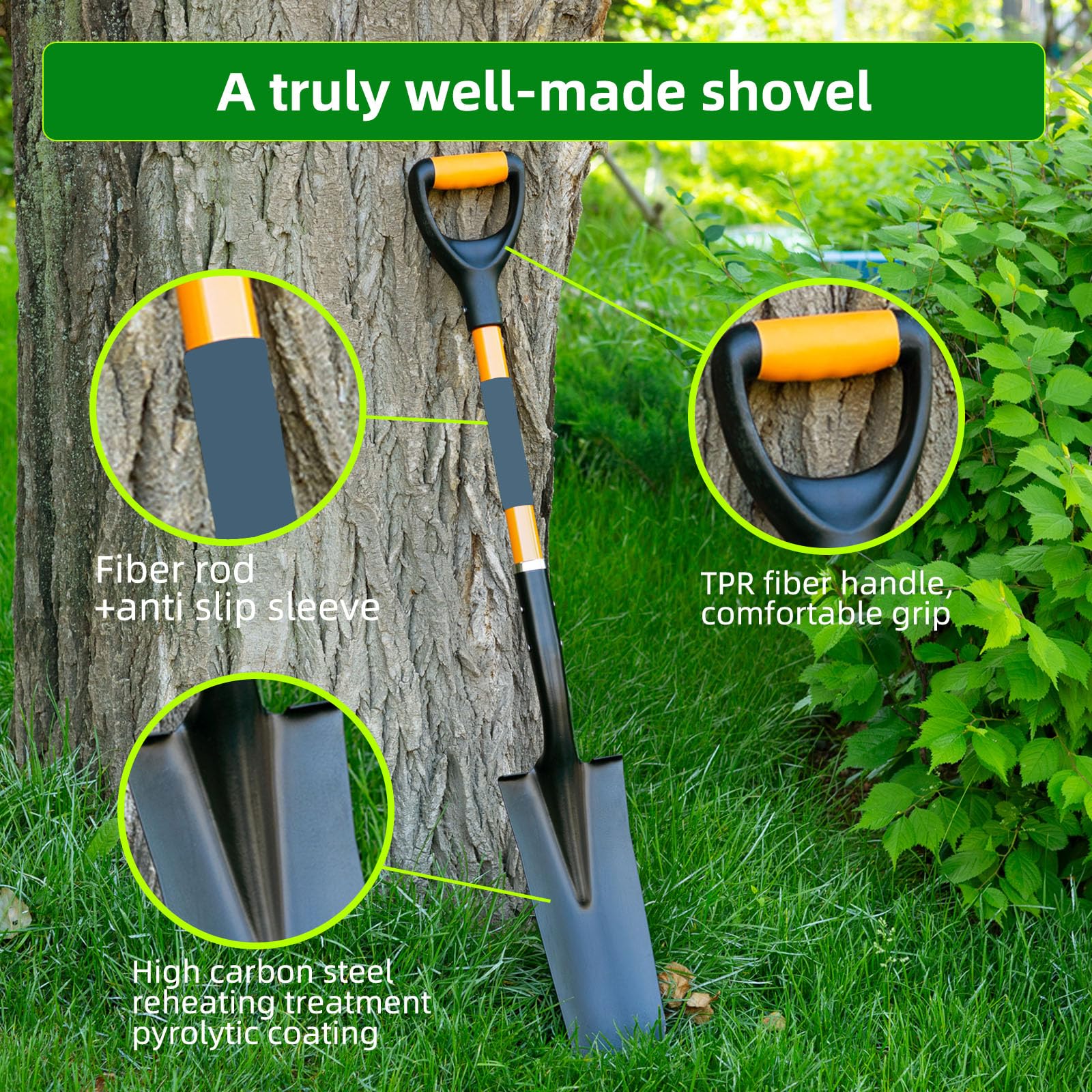 Wangyanhao Spade Shovel shows D-grip orange handle for comfort.