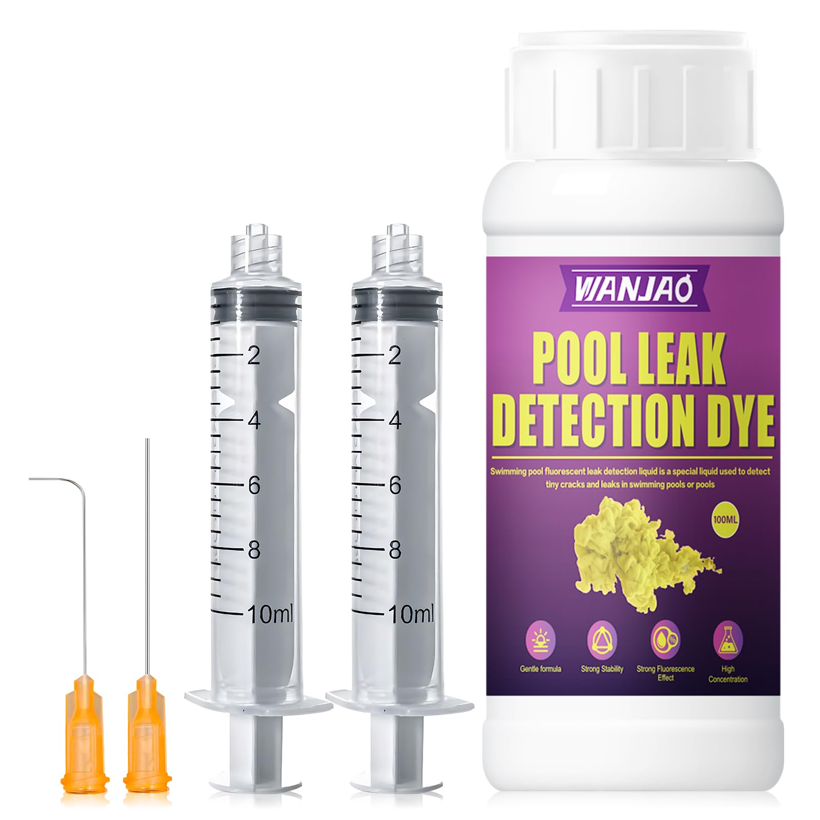 WANJAO pool leak dye bottle shows bright fluorescence for quick leak detection in any pool