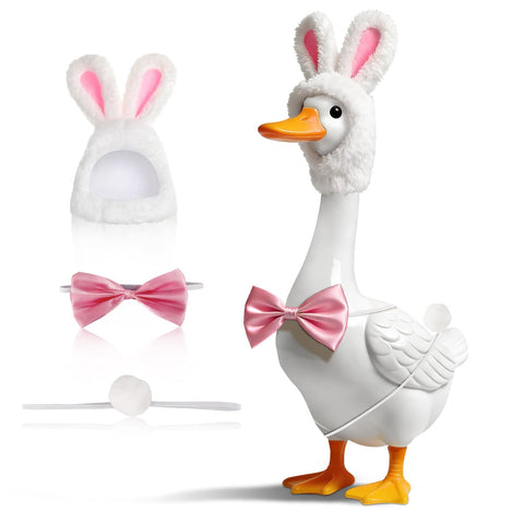Wanocean Easter Bunny Porch Goose Outfit hat on a 23-inch goose statue for festive decor