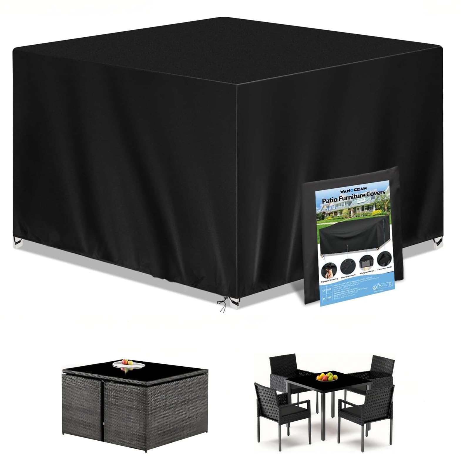 Wanocean patio cover on a 55x55 table shielding from rain and sun